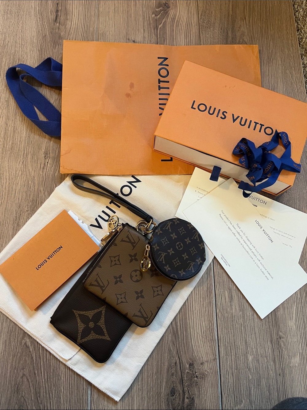 4 piece set Louis Vuitton Trio Reverse Monogram Pouches & Strap Box Bag Receipt - Picture 10 of 13